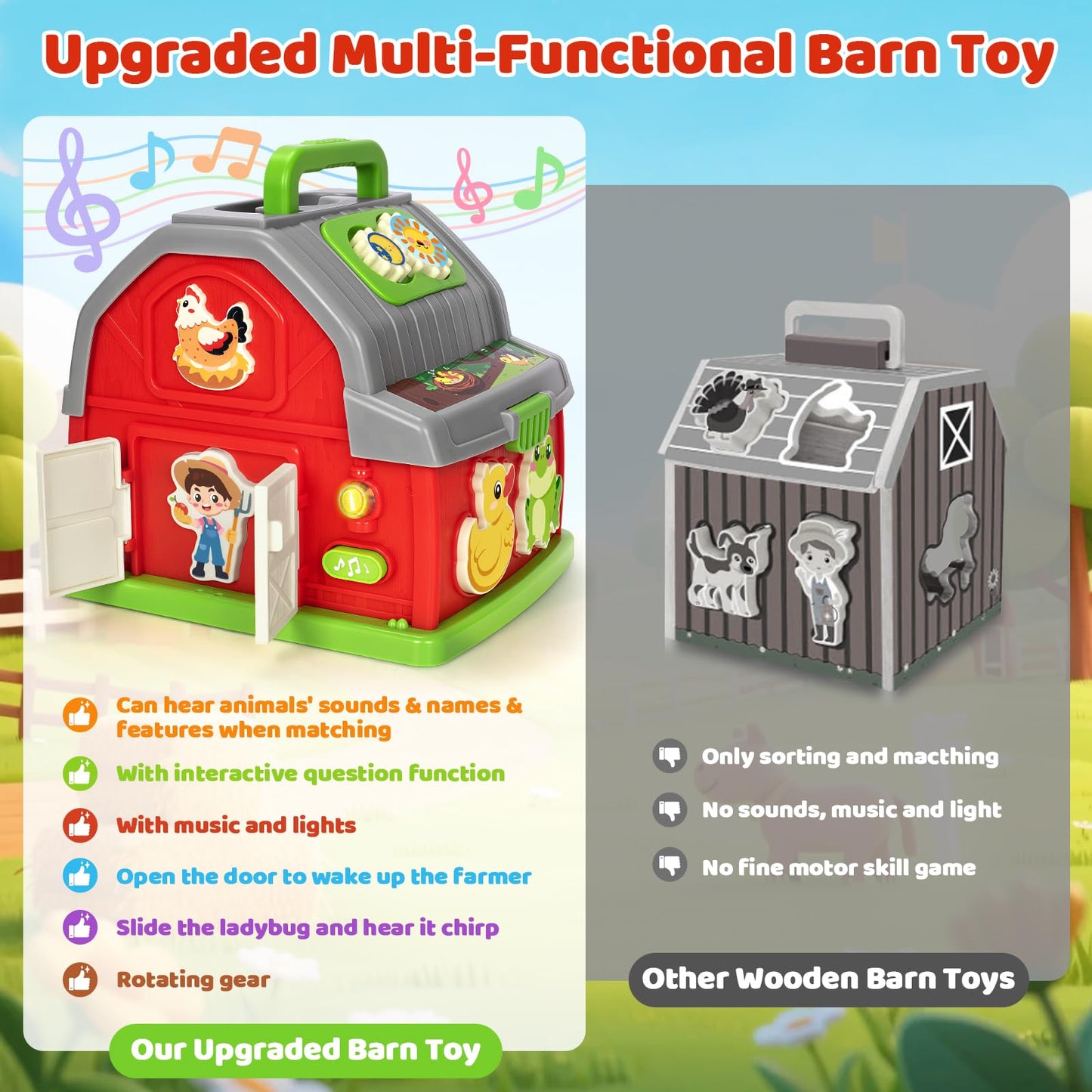 Toddler Toys for 1 2 3 Year Old Boys Girls, Upgraded Musical Farm Animal Barn Toy Gifts, Montessori Fine Motor Skill Learning & Educational Toys, Christmas Birthday Gift for Baby 12-18 Months+