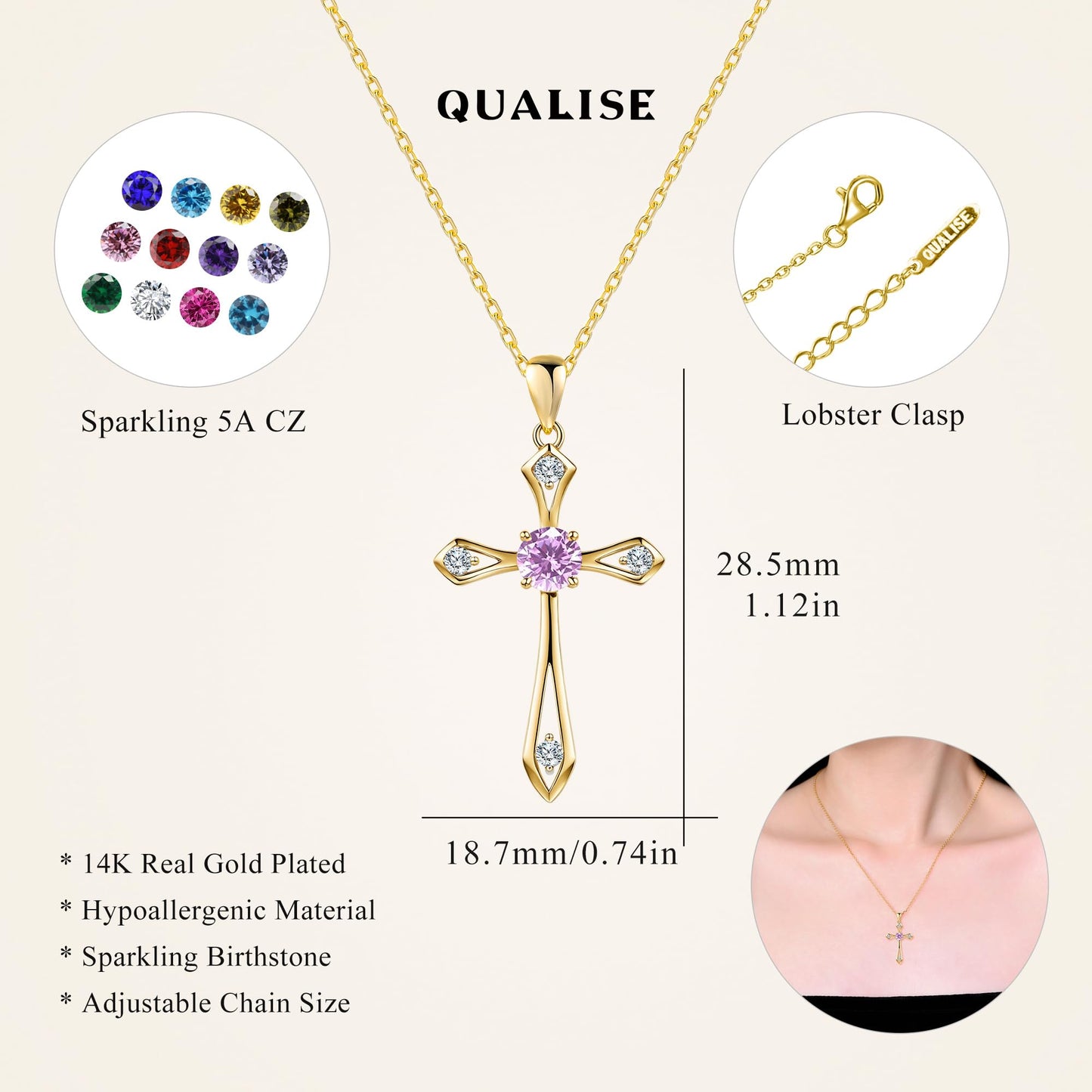 14K Gold Plated Solid Cross Necklace for Women,925 Sterling Silver Ladies Faith Cross Birthstone Pendant Christian Religious Confirmation Baptism Everyday Fine Jewelry Anniversary Birthday Gifts for Her
