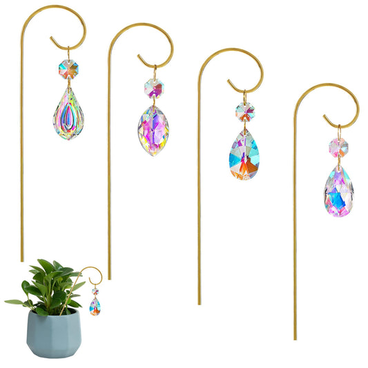HDCRYSTALGIFTS 4PCS Small Trellis for Mini Potted Plants Indoor Decorations with Crystal Prisms Sun Catchers, 7.5inch Metal Plant Stakes Suncatchers for Fairy Garden Rainbow Crystals