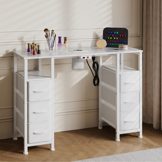WODRAWER Manicure Table Nail Desk for Nail Tech, Nail Beauty Table w/Electric Dust Collector & 6 Storage Drawers & Open Shelves for Home, Workshop, Makeup Beauty Salon Workstation (White)