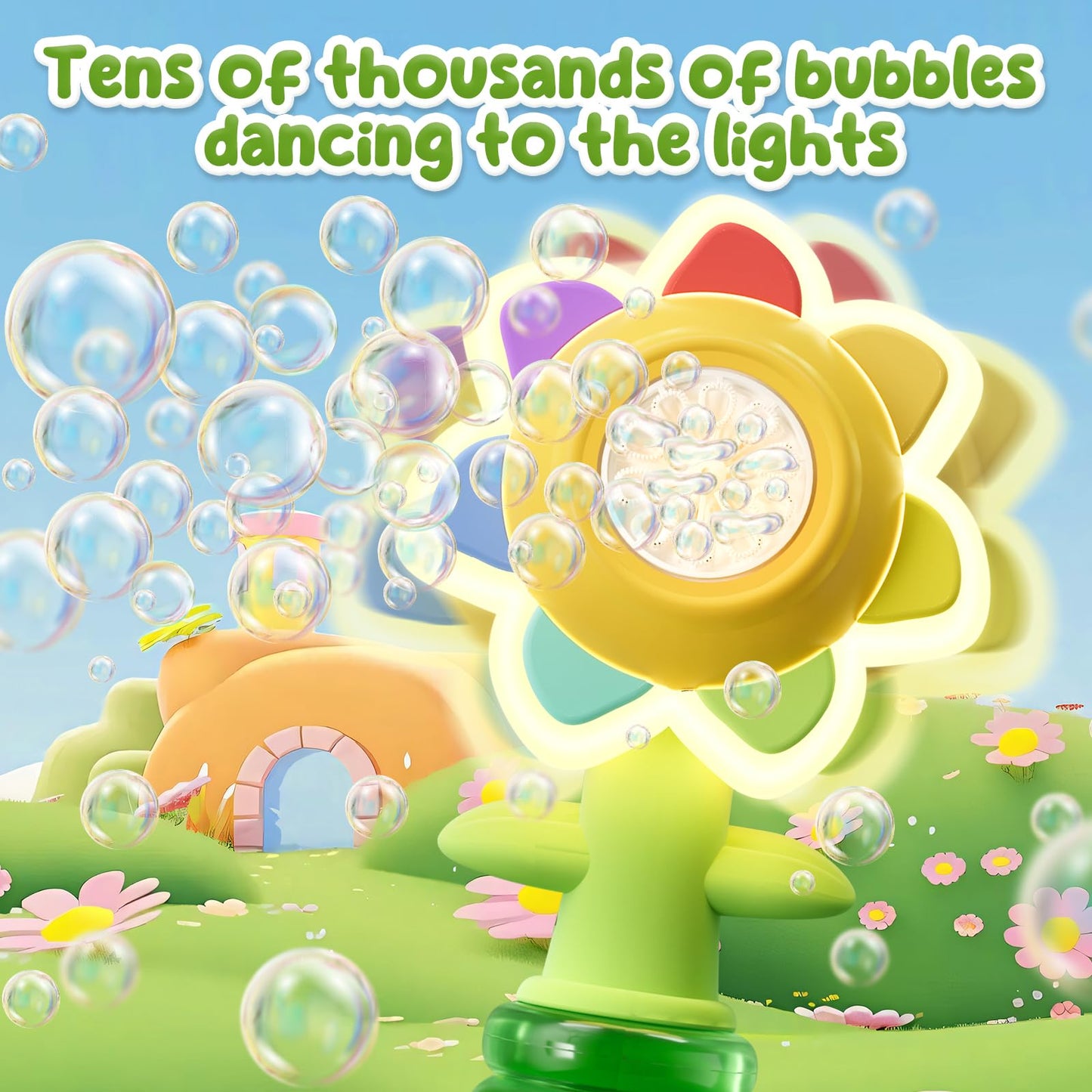 Rechargeable Flower Bubble Guns for Kids W/LED Lights & 10 Refill Solutions, Fun Swing Dance Bubble Maker Machine Blower Blaster Toys,Outdoor Summer Play, Easter, Birthday Party Favors & Gifts Pink
