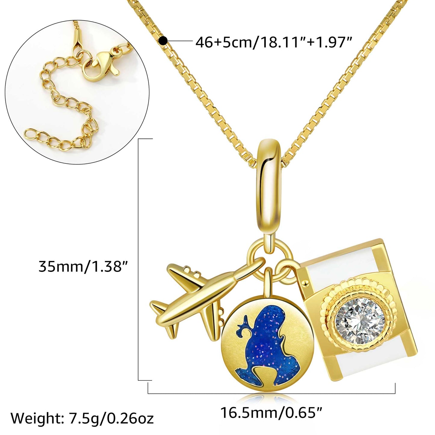 MISS RIGHT Charm Necklace for Women 18K Gold Plated World Travel Pendant Camera Airplane Earth Charms Necklace, Travel Jewelry Gifts for Women CAMERA