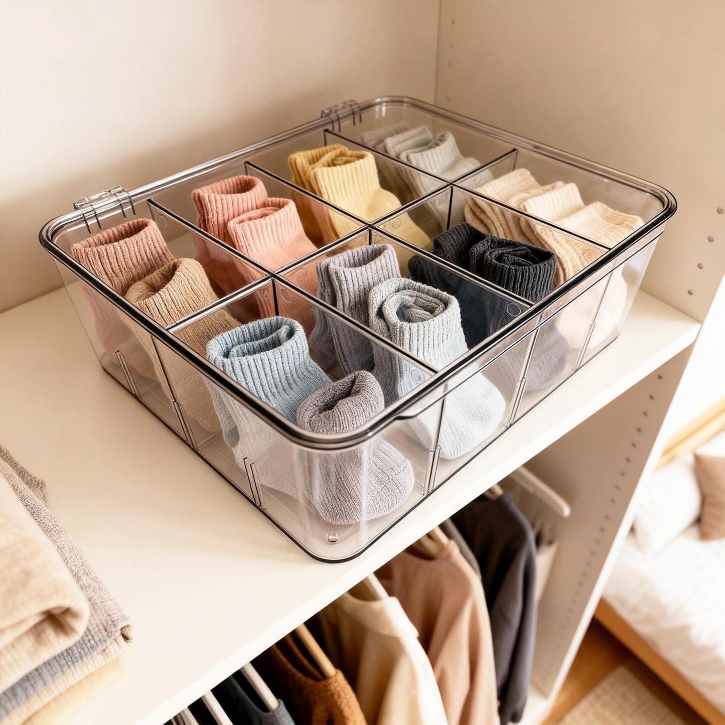 Slomg Sock Underwear Dresser Drawer Organizer with Dividers, Clear 8 Grids Plastic Storage Box Bin with Lid, Small Parts Bead Container for Jewelry Earring Scarves Ties Bras Crafts Fishing Tackle