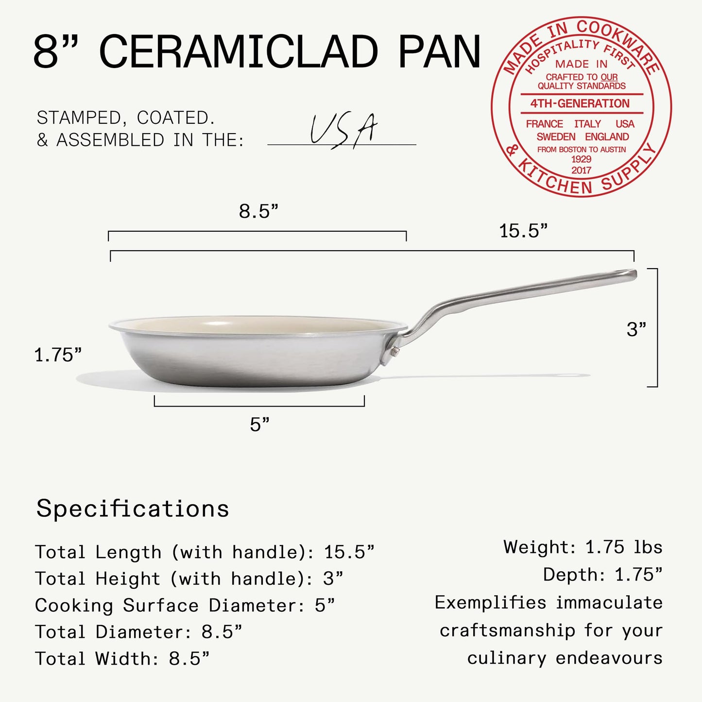 Made In Cookware | 8" Ceramic Non Stick Frying Pan (Stainless Handle) | 5-Ply Stainless Clad with Stay-Cool Handle | Professional Cookware | Crafted in USA | Induction Compatible