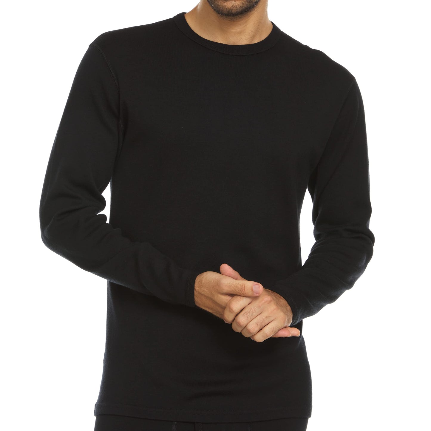 100% Merino Wool Expedition Weight Mens Crew Shirt - Heavy Weight Base Layer Top - Extreme Cold Weather Gear - Black - Medium