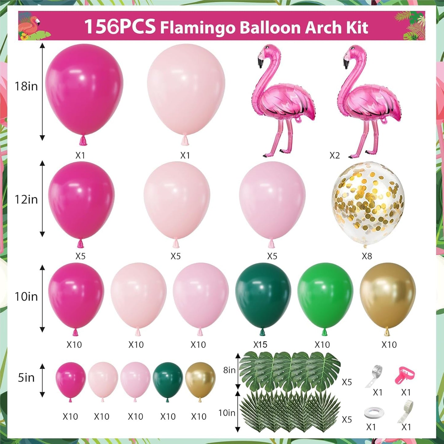156Pcs Tropical Flamingo Balloon Arch Garland Kit, Hot Pink Dark Green Light Pink Gold Confetti Flamingo Foil Balloons with Palm Leaves for Hawaiian Luau Aloha Summer Beach Birthday Party Decorations