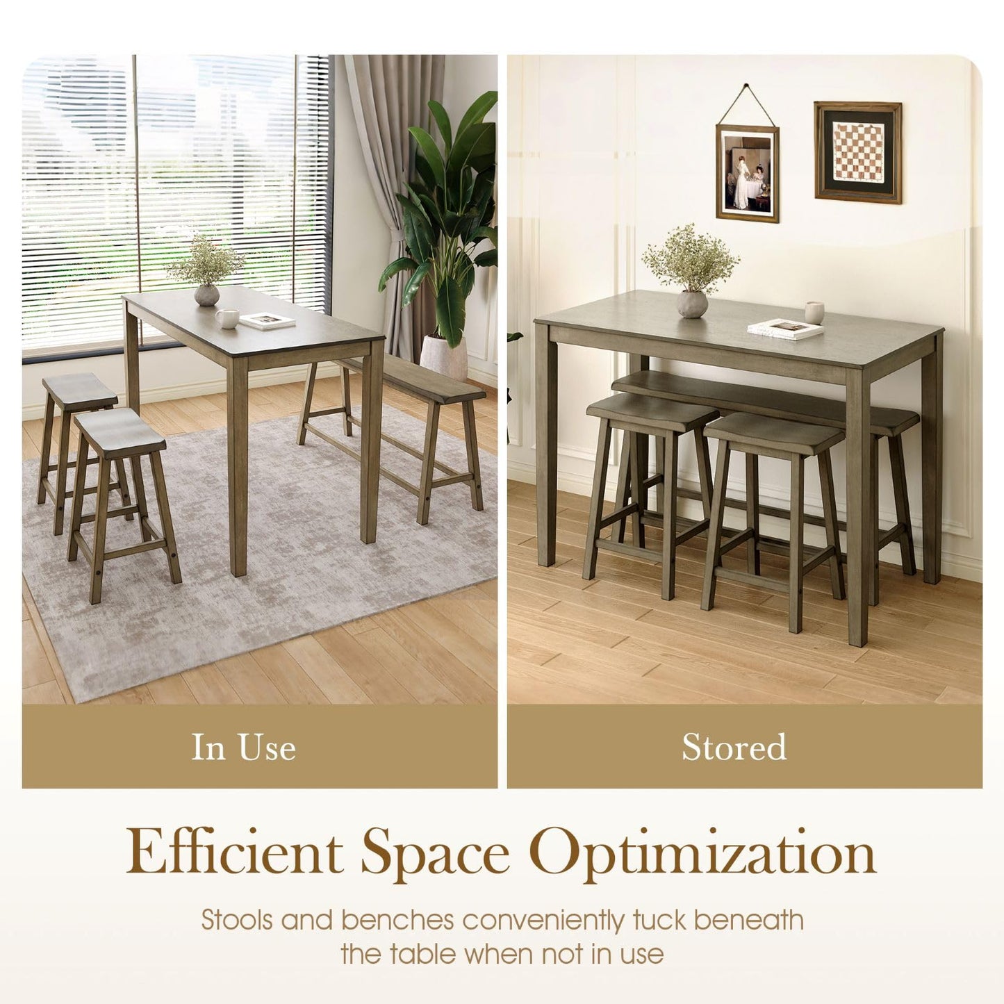 Sophia & William Dining Table Set for 4, Counter Height Table and Chairs Set of 4, Wood Kitchen Table Set with Bench and Chairs, Rectangular Breakfast Dining Set Space Saving, Smoky Brown