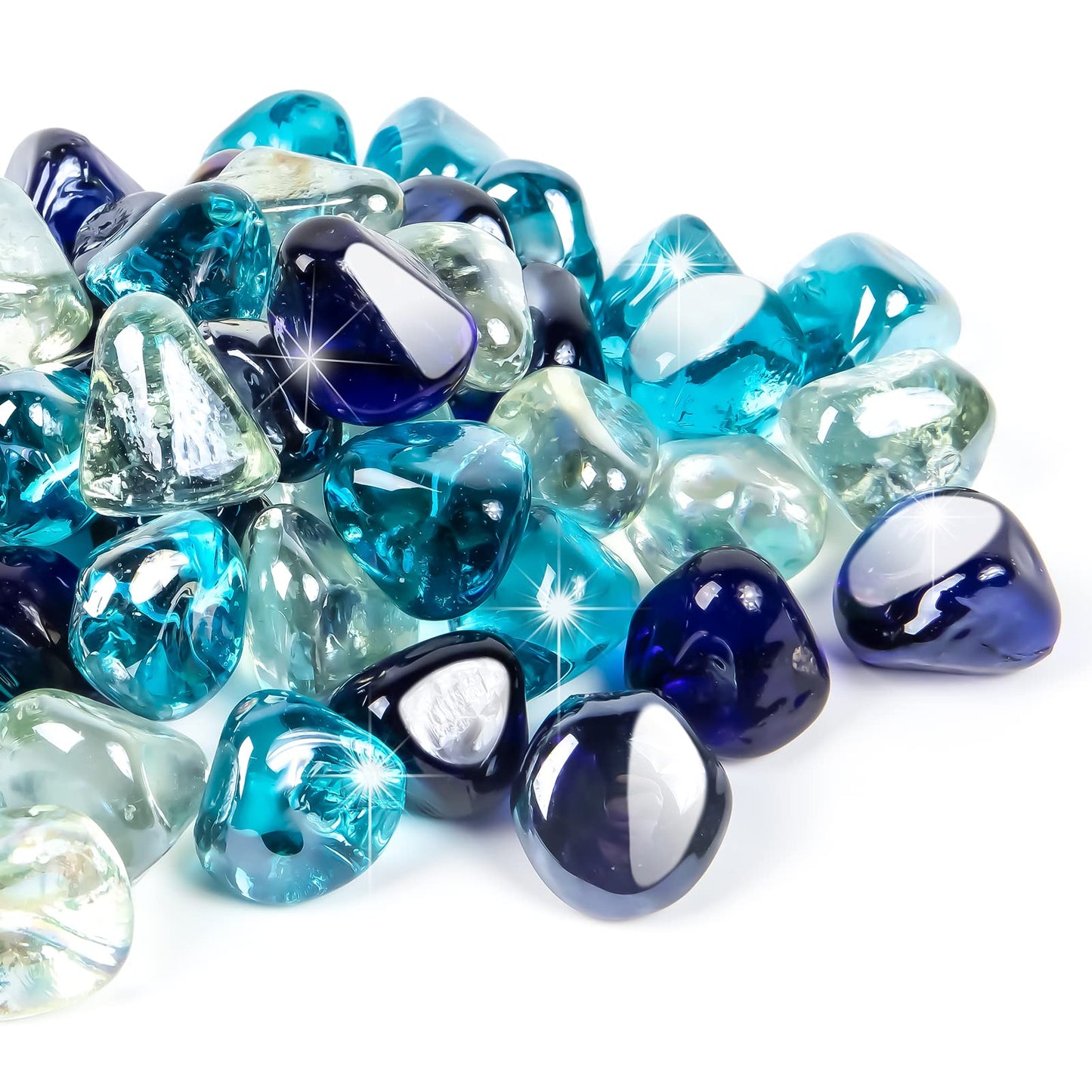 GASPRO 20 Pound Fire Glass Diamonds 1 Inch, Fire Pit Glass Rocks for Gas Fireplace and Fire Pit, Blend of White, Cobalt Blue and Margarita Azura Blue, High Luster