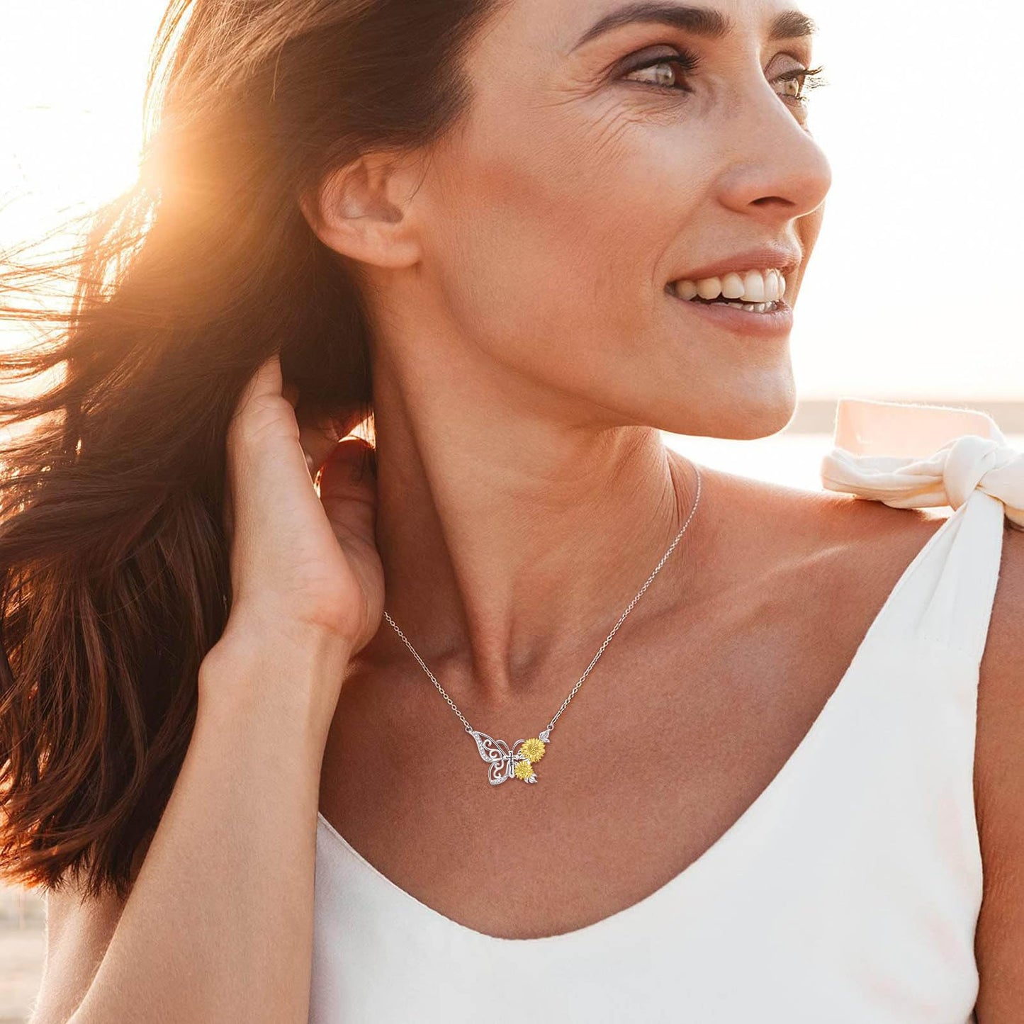 oGoodsunj Sunflower Necklace Jewelry Set fo Women Sterling Silver Anklet Bracelet Earrings You Are My Sunshine Pendant Gifts for Mom Daughter Wife (Sunflower Butterfly Necklace)