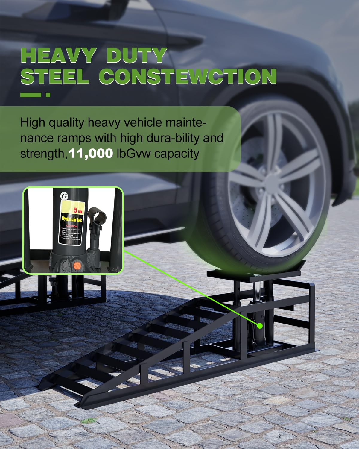 Hydraulic Car Ramps 5T 11000lbs Low Pro-File Car Lift Service Ramps Truck Trailer Garage, 4-Level Height Adjustment, Lift Height 11.61-16.21 Inches, 2 Pack