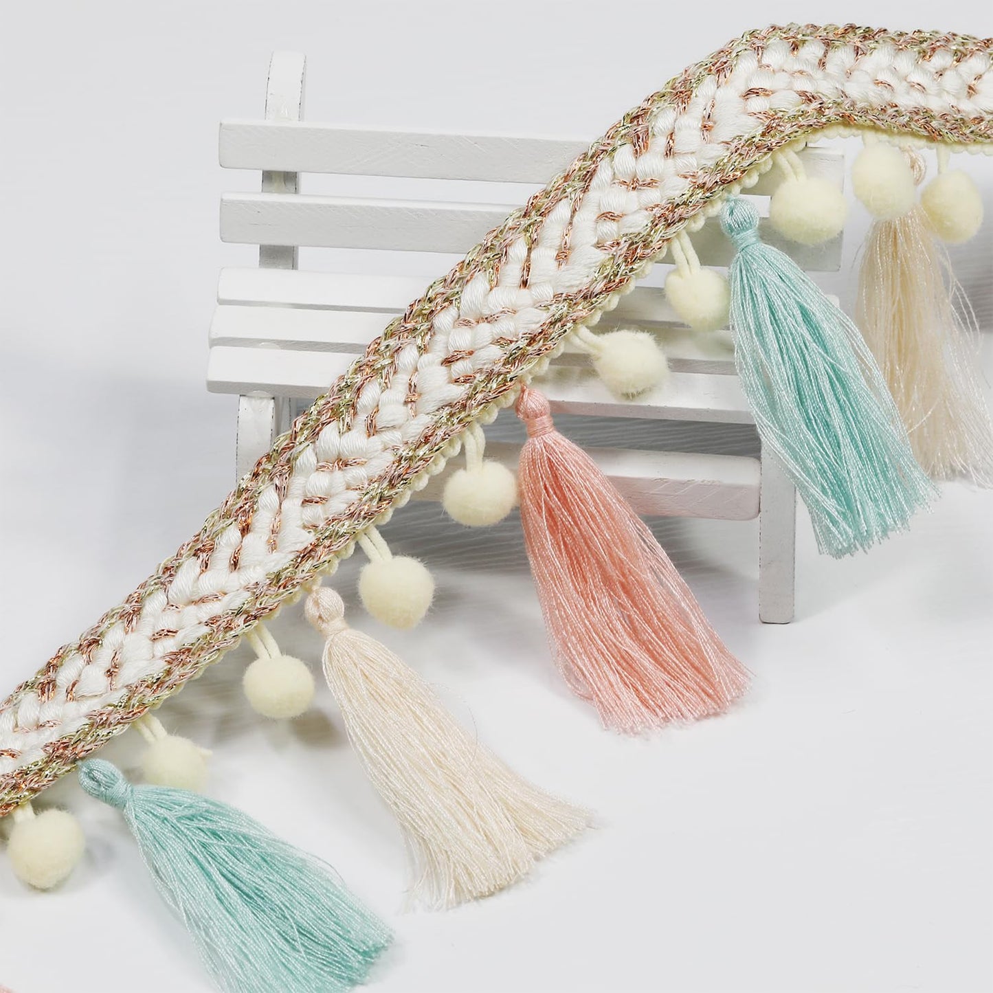 3 Yard 85mm/3.35 Inch Vintage Knotted Cotton Fringe Tassels Trim, Boho Long Trim, Sewing for Drapery Curtain Pillow Carpet Lamp Fringe Crafts (Light Green/Beige/Pink)