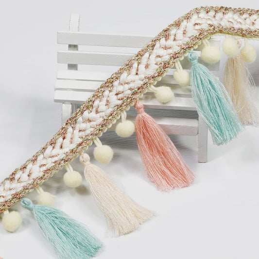 3 Yard 85mm/3.35 Inch Vintage Knotted Cotton Fringe Tassels Trim, Boho Long Trim, Sewing for Drapery Curtain Pillow Carpet Lamp Fringe Crafts (Light Green/Beige/Pink)