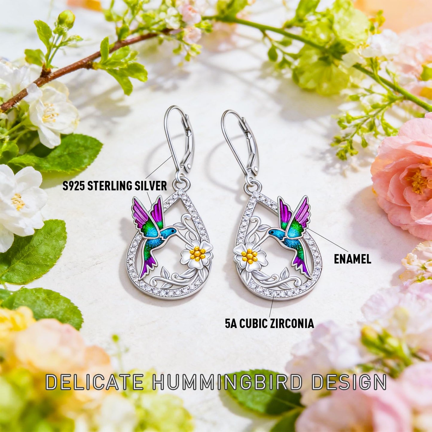 Hummingbird Earrings for Women Purple Hummingbird Earrings Sterling Silver Gifts Dangle Bird Jewelry Memorial Mothers Day Christmas Birthday Gifts