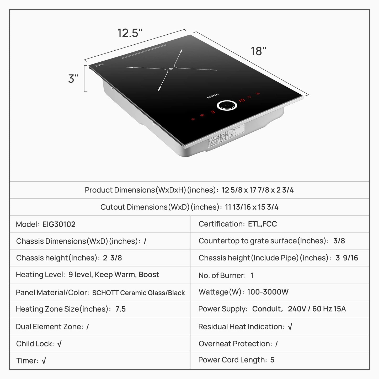 FOTILE EIG30102 12" Built-in Electric Induction Cooktop Stovetop with 9 Heating Levels, Overheat Protection, Child Lock and SCHOTT Ceramic Glass, 240V Single Burner, Black