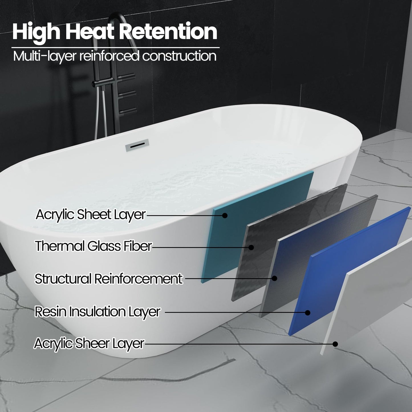 Freestanding Bathtub 67 inch Acrylic Soaking Bathtub with Chrome Drain & Overflow, Free Standing Bathtub for Spa-Inspired Bathroom, Deep Stand Alone Tub for Relaxation