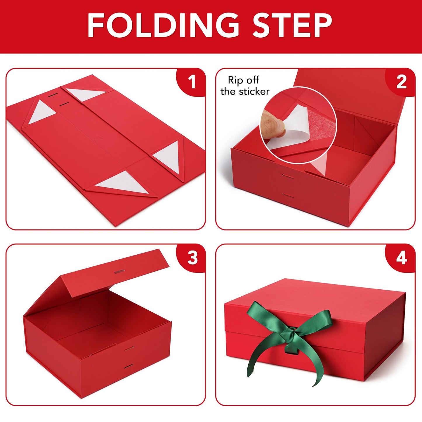 SWANGSA Red Christmas Gift Boxes with Lid for presents 10.2x8.8x3.8 Inches, Large Gift Box with Ribbon and Magnetic Closure, Collapsible Gift Box for Christmas, Wedding, Valentine's day, Birthday Gift