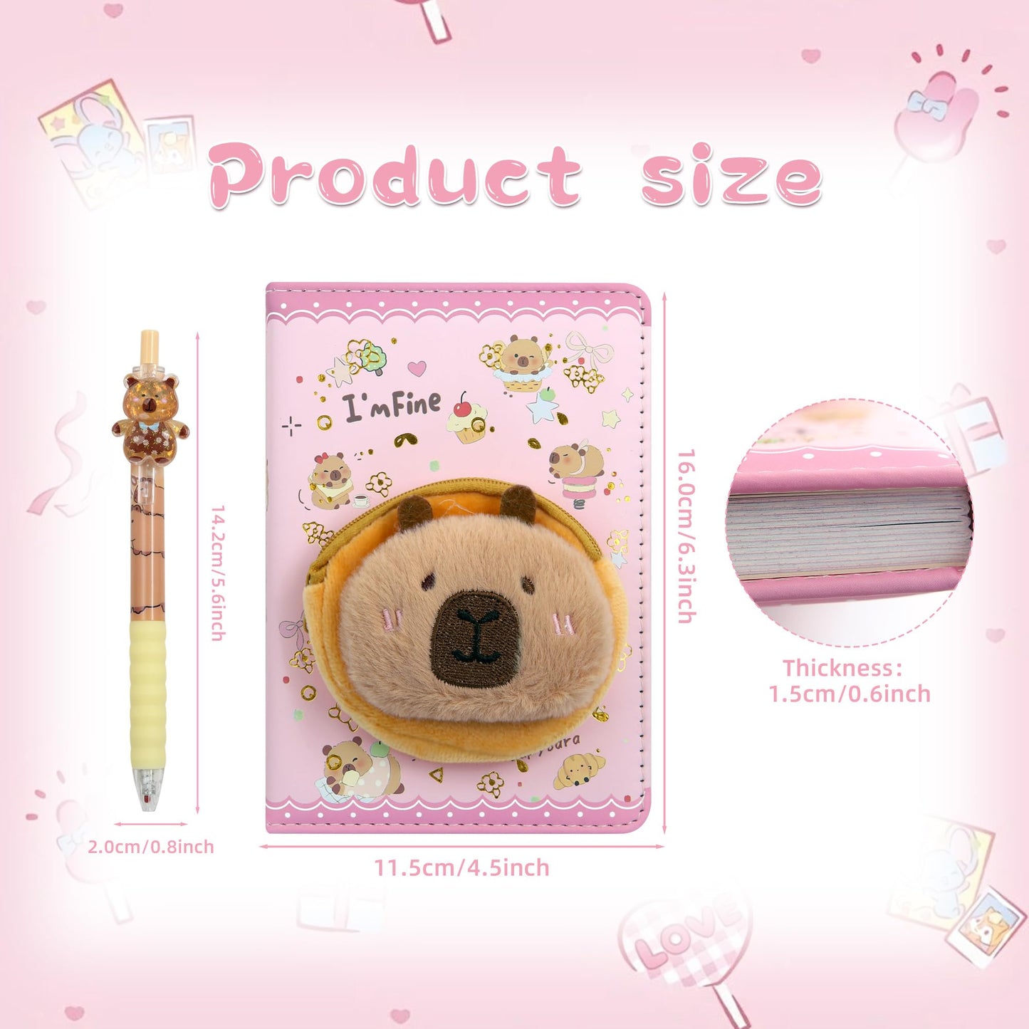 2 in 1 Plush Capybara Theme Stationery Gift Box Set,A6 Cute Pink Cartoon Animal Capybara Notebook Journal Memo Pads Notepad Soft Furry Diary with Pen Small Bag for Birthday Kids Girls Office School