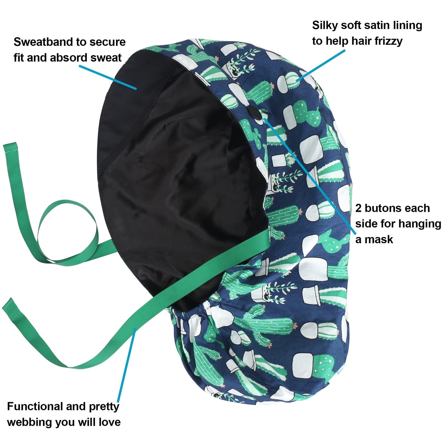 ABAMERICA Ponytail Scrub Caps for Women Surgical Caps Nurse Hat with Functional Ponytail Holder for Long Hair, Single or Satin-Lined