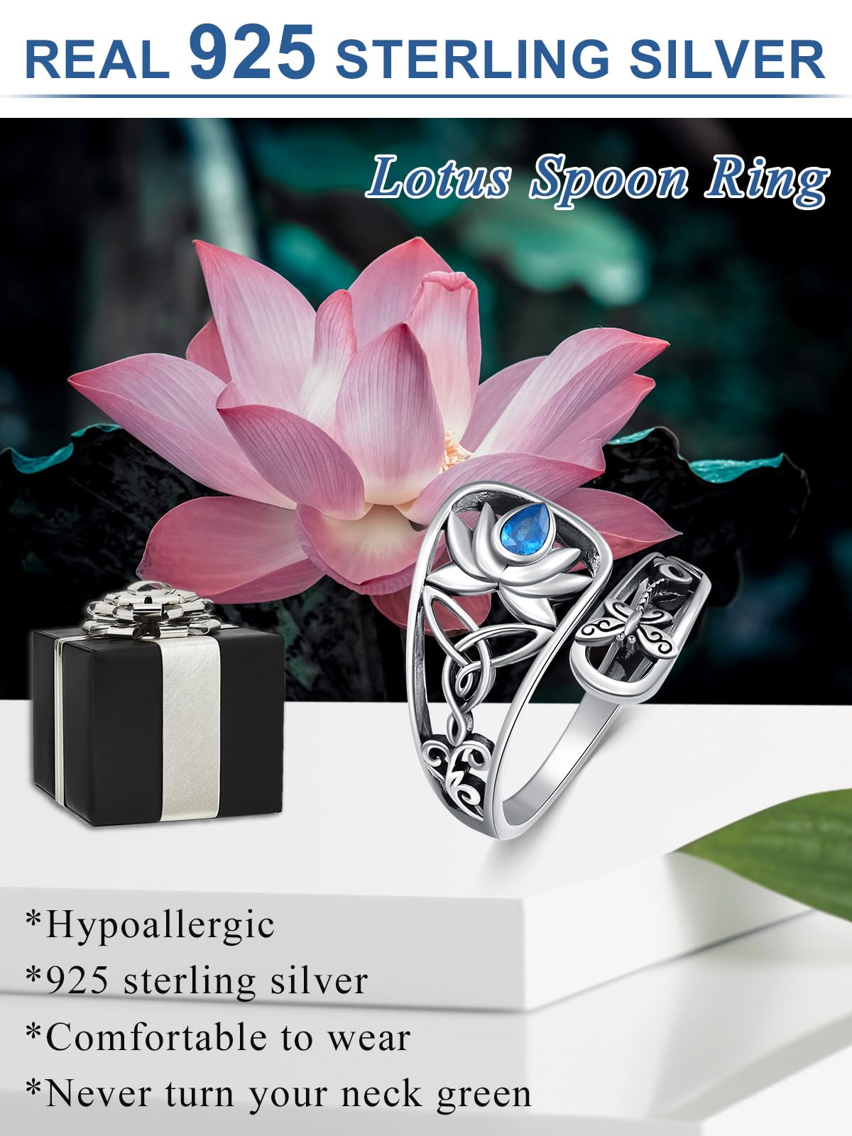 Midari Lotus Spoon Rings for Women Sterling Silver Adjustable Lotus Flower Finger Ring Thumb Rings with Lotus Jewelry for Women Yoga Lovers Birthday Christmas Gifts (Customization)