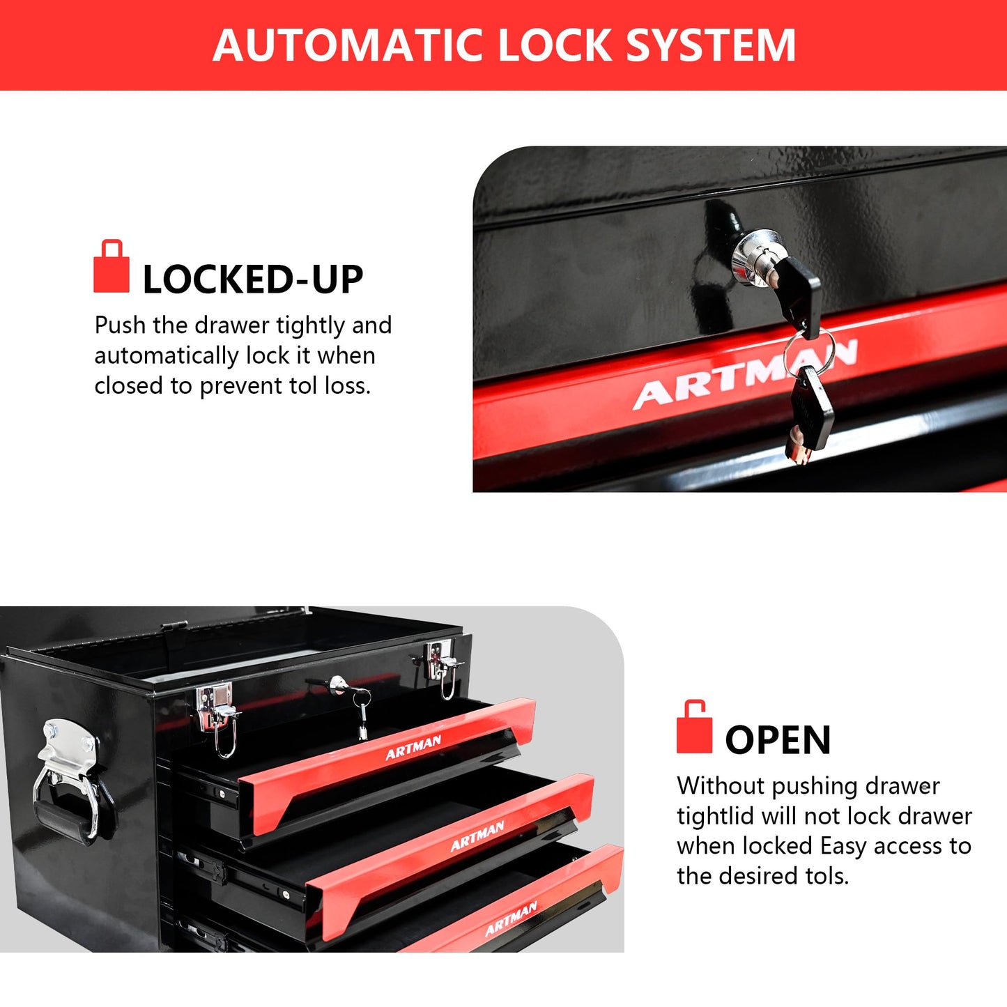Mechanics Tool Box Organizer, Portable Tool Chest with 3 Drawers, Lockable Tool Storage Cabinet with Metal Latch Closure for Home, Garage, Warehouse, Repair Shop