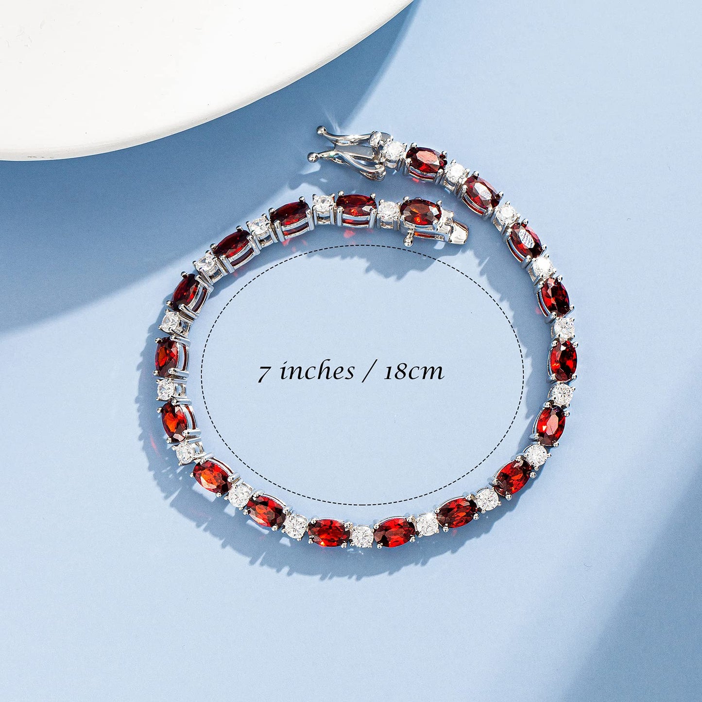FANCIME Sterling Silver Created Garnet Tennis Bracelet January Birthstone Bracelet Cubic Zirconia Oval Gemstone Dainty Fine Jewelry for Women 7"