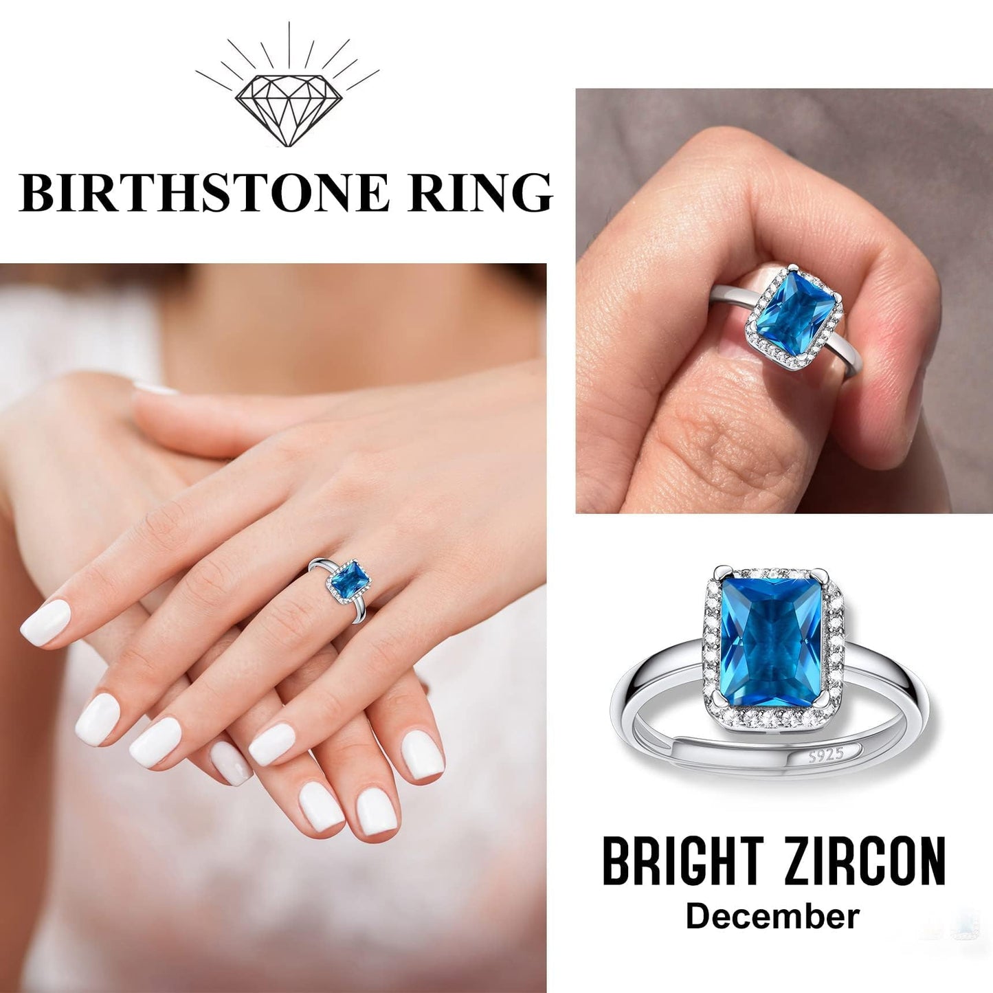 Bestyle CZ Square Diamond Rings 5mm December Blue Topaz Birthstone Solitaire Rings, 925 Sterling Silver Rings Jewelry Gift for Wedding Anniversary Birthday