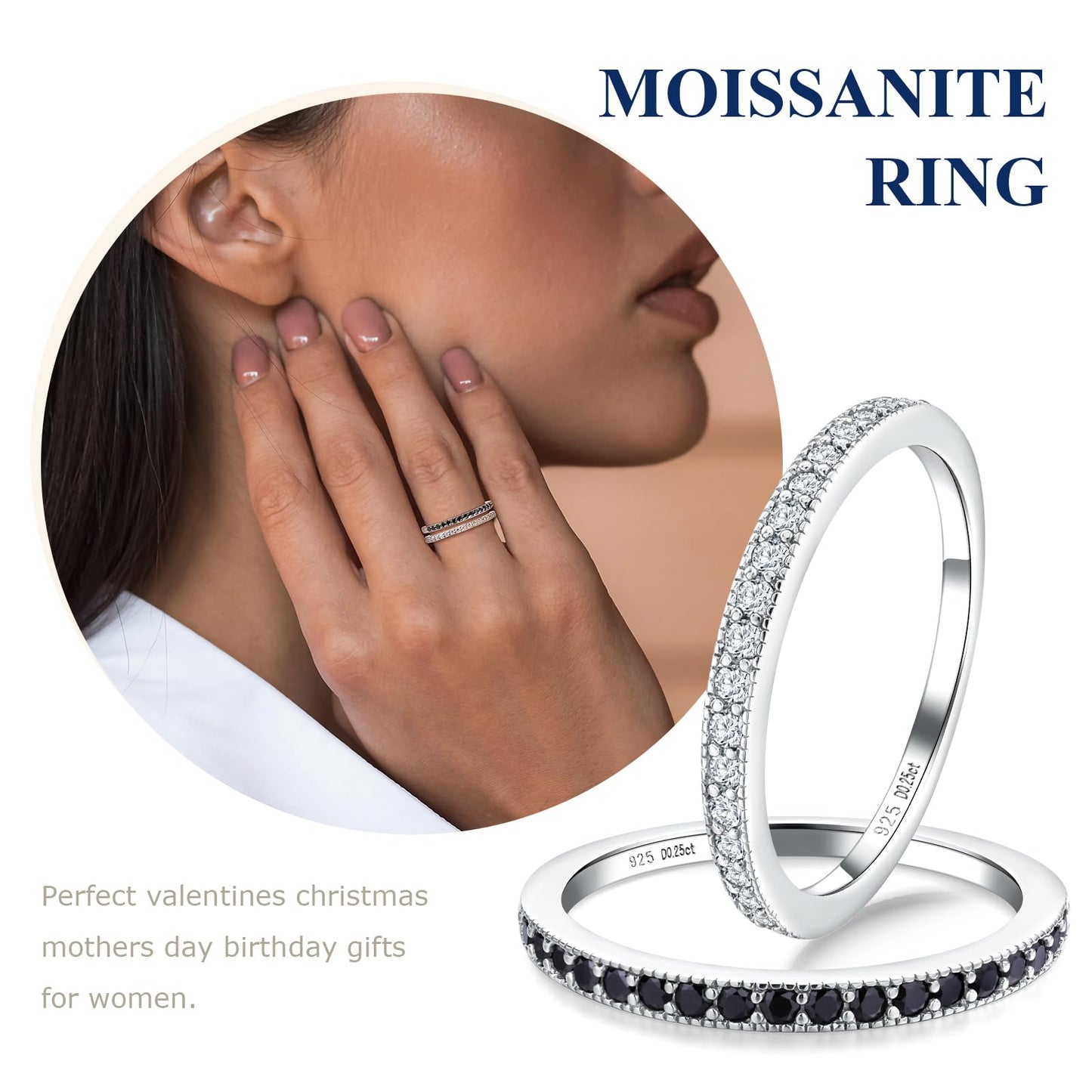 AGRULE Bezel Set Moissanite Wedding Band 1.4mm Width Half Eternity Band Rings Sterling Silver White Gold Plated 0.25 Cttw VVS1 Lab Diamond Anniversary Ring for Men Women, Size 8