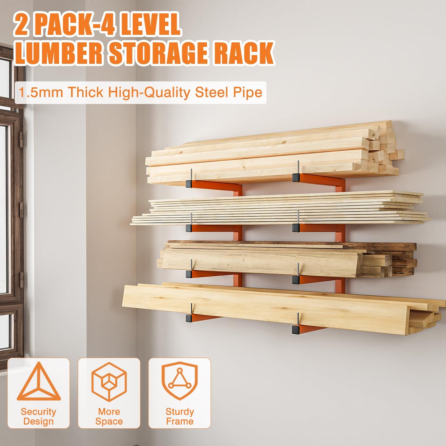 2-Pack Lumber Storage Rack, Wood Storage Racks Wall Mount, Heavy Duty Garage Wood Organizer With 4-Level System, Orange Utility Rack Organization Up 800 Lbs, Metal Lumber Shelf for Indoor and Outdoor