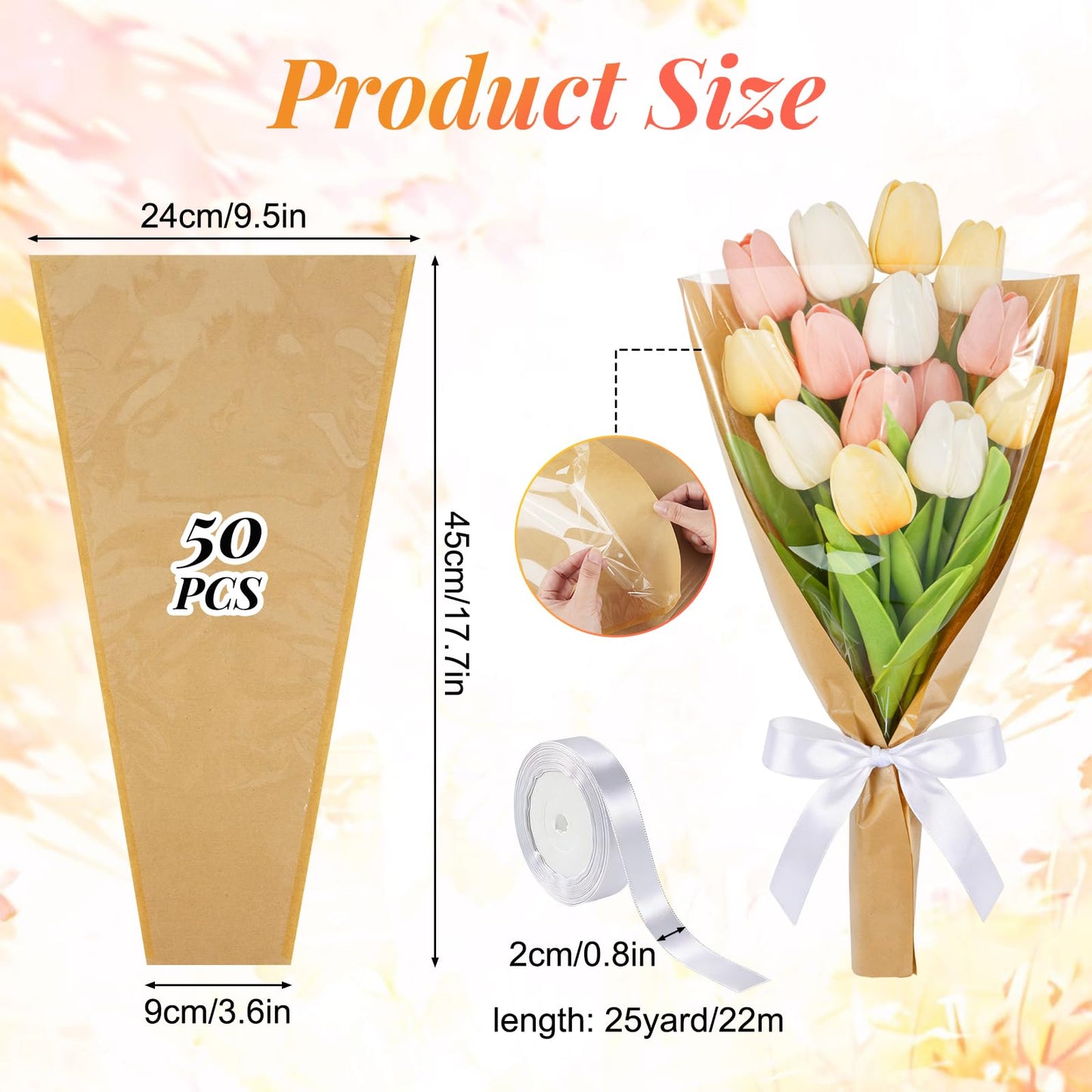 50 PCS Flower Wrapping Paper Sleeves for Bouquets, Kraft Bouquet Bags with Ribbons, Bulk Flower Sleeves for Mother’s Day Wedding Graduation Valentine, Florist Packaging Supplies, 17.7 x 9.4 x 3.5 Inches