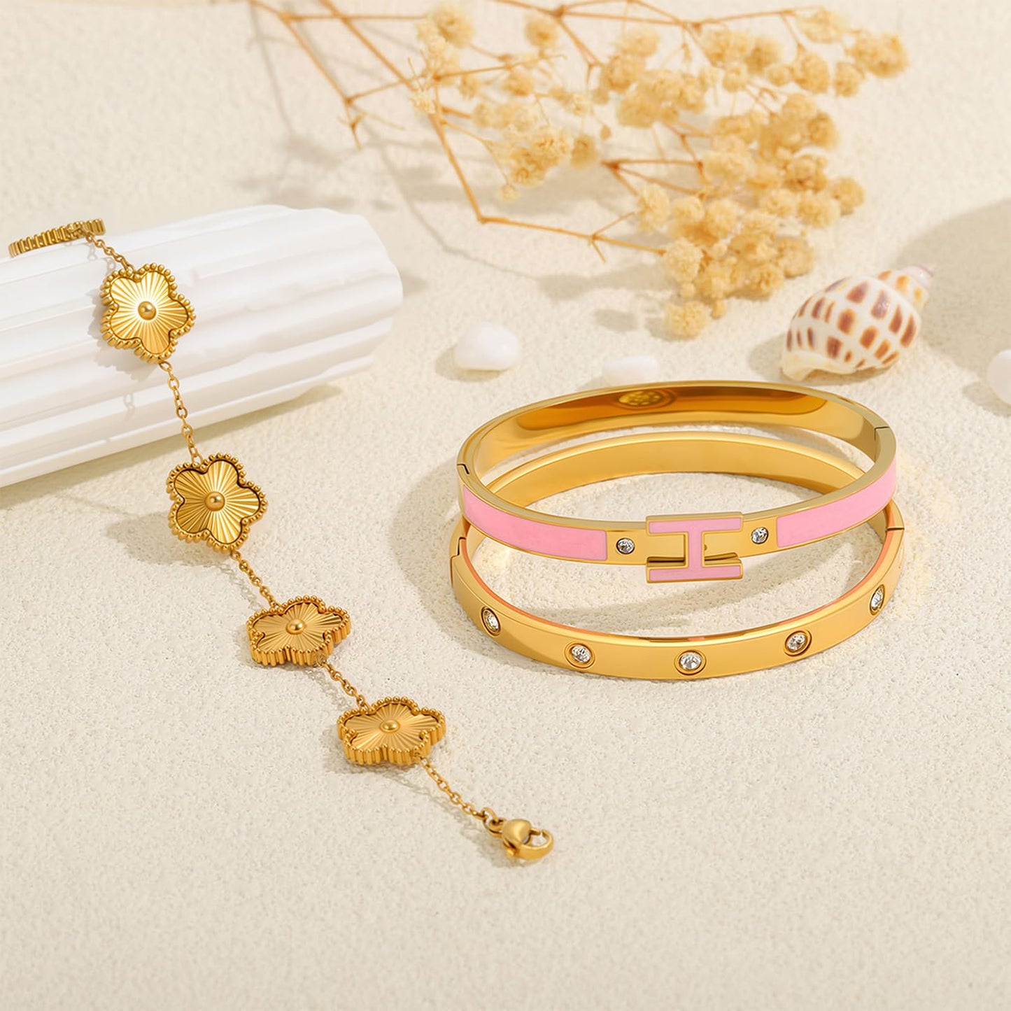 Camhanno Gold Clover Bracelets for Women - 18K Gold Plated Stainless Steel Dainty H Bangle Bracelets| Daily & Party Wear Jewelry, Easter Christmas Mothers Day Gifts