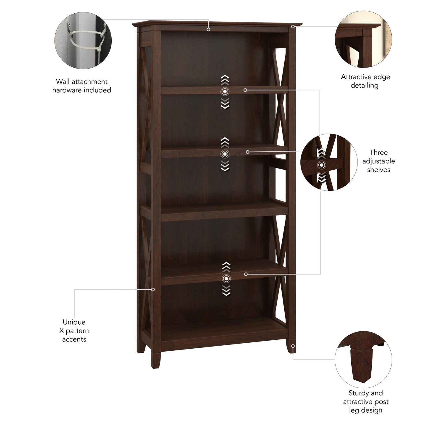 Bush Home Tall 5 Shelf Bookcase for Living Room or Home Office, Large Bookshelf, Modern Farmhouse Style, Key West Collection, Bing Cherry