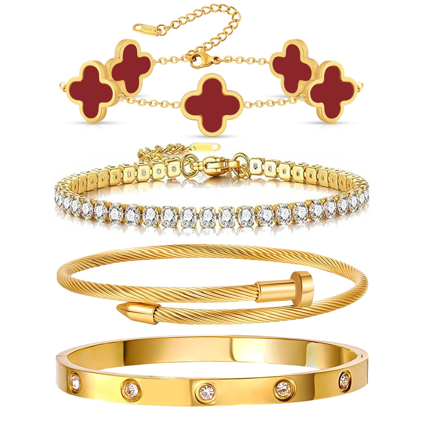 Gold Bracelets for Women, 18K Gold Plated Women Tennis Bracelets Clover Nail Love Bangle Bracelet Set, Gold Bracelet Stackable Set Trendy Jewelry, Gifts for Women's Day and Mother's Day (12-Color- 4 Red)
