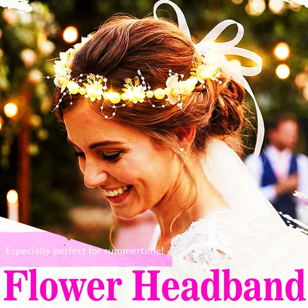 Zehope Light Up Flower Headbands LED Princess Pearl Floral Wreath Headpiece Bridal Wedding Garlands Hair Accessories for Women (White, Standard)