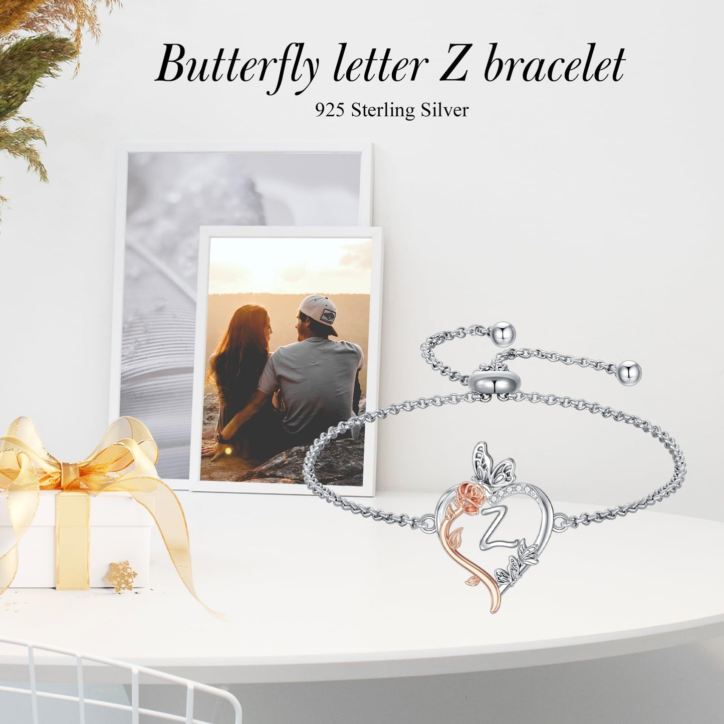 TOUPOP Rose Heart Bracelet for Women Sterling Silver Heart Initial Z Letter Bracelet Butterfly Love Jewelry Anniversary Birthday Mothers Day Gifts for Mom Wife Her Girlfriend
