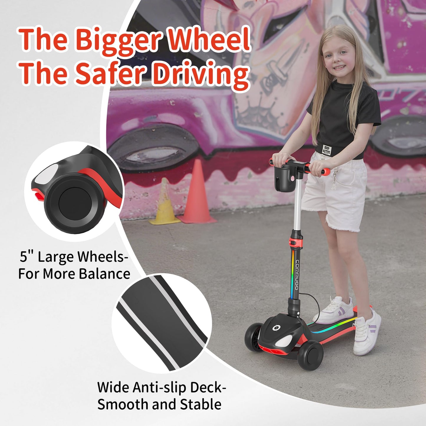 Commugo 3 Wheel Electric Scooter for Kids with LED Lighted Wheels, Balance Scooter for Kids Adjustable Height & Lean-to-Steer, 3-Wheel Foldable Scooter Anti-Slip Deck for Boys & Girls Toddlers