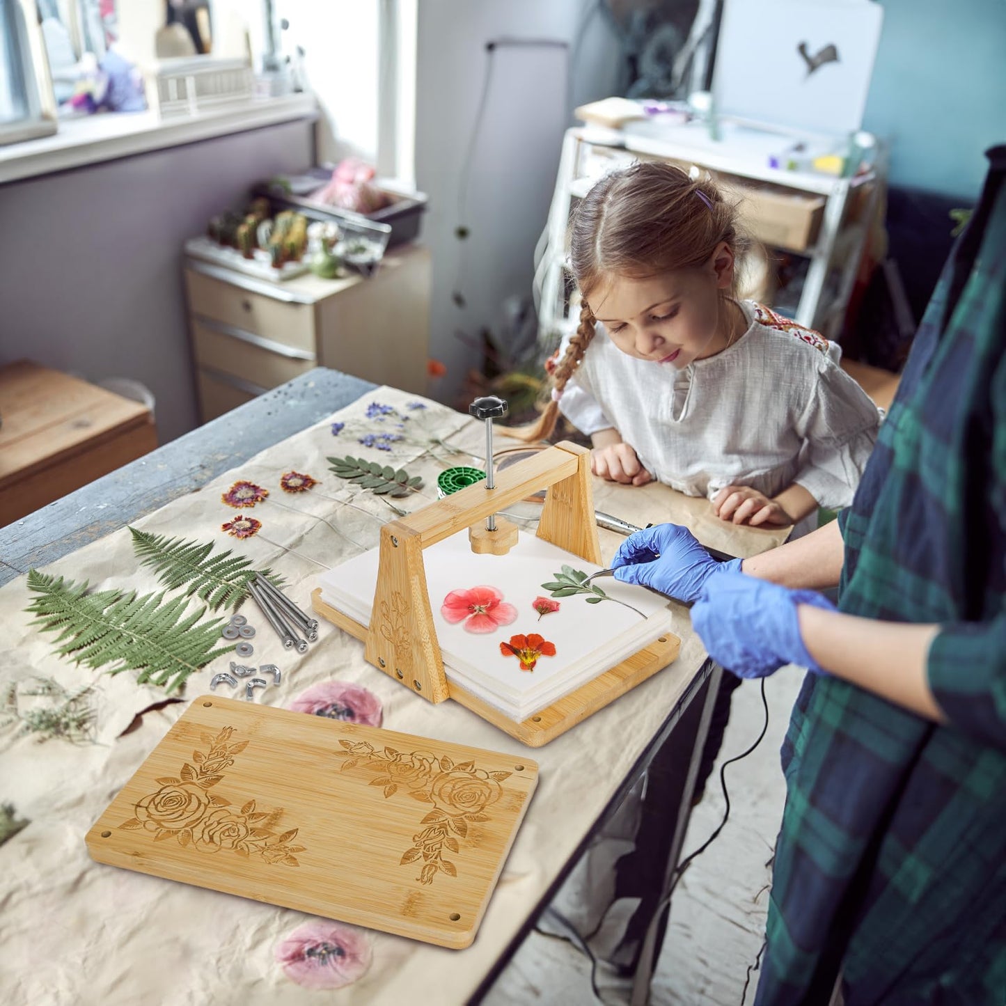 Pumtus Large Flower Press Kit, 6 Layers 11" x 7" Leaf Plant Preservation Kits, Even Pressure DIY Bamboo Floral Pressing Kit, Easy Pressed Arts and Craft Tool for Wedding Flower Preserve, DIY Lovers