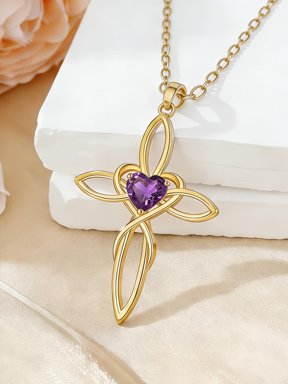 POIUY 14K Gold Dainty Celtic Knot Cross Birthstone Necklace for Women Irish Infinity Heart Pendant Cross Jewelry Anniversary Valentines Birthday Mothers Day Gifts for Mom Wife Her