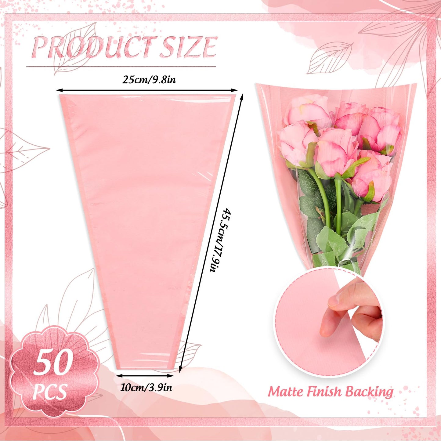 Whaline 50 Pcs Pink Flower Wrapping Bags Clear Kraft Flower Bag for Bouquets Large Floral Wrapping Sleeves for Graduation Wedding Valentine Mother's Day Birthday Florist Supplies, 17.9 x 9.8 x 3.9Inch