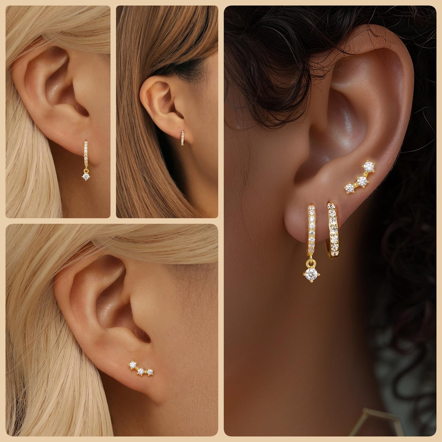 Small 14K Gold Huggie Hoop Earrings Set for Women, Dainty Gold Plated Cartilage Earring for Multiple Piercing, Hypoallergenic Dangle Earrings, Stud Earring Stacks for Women Jewelry Gifts
