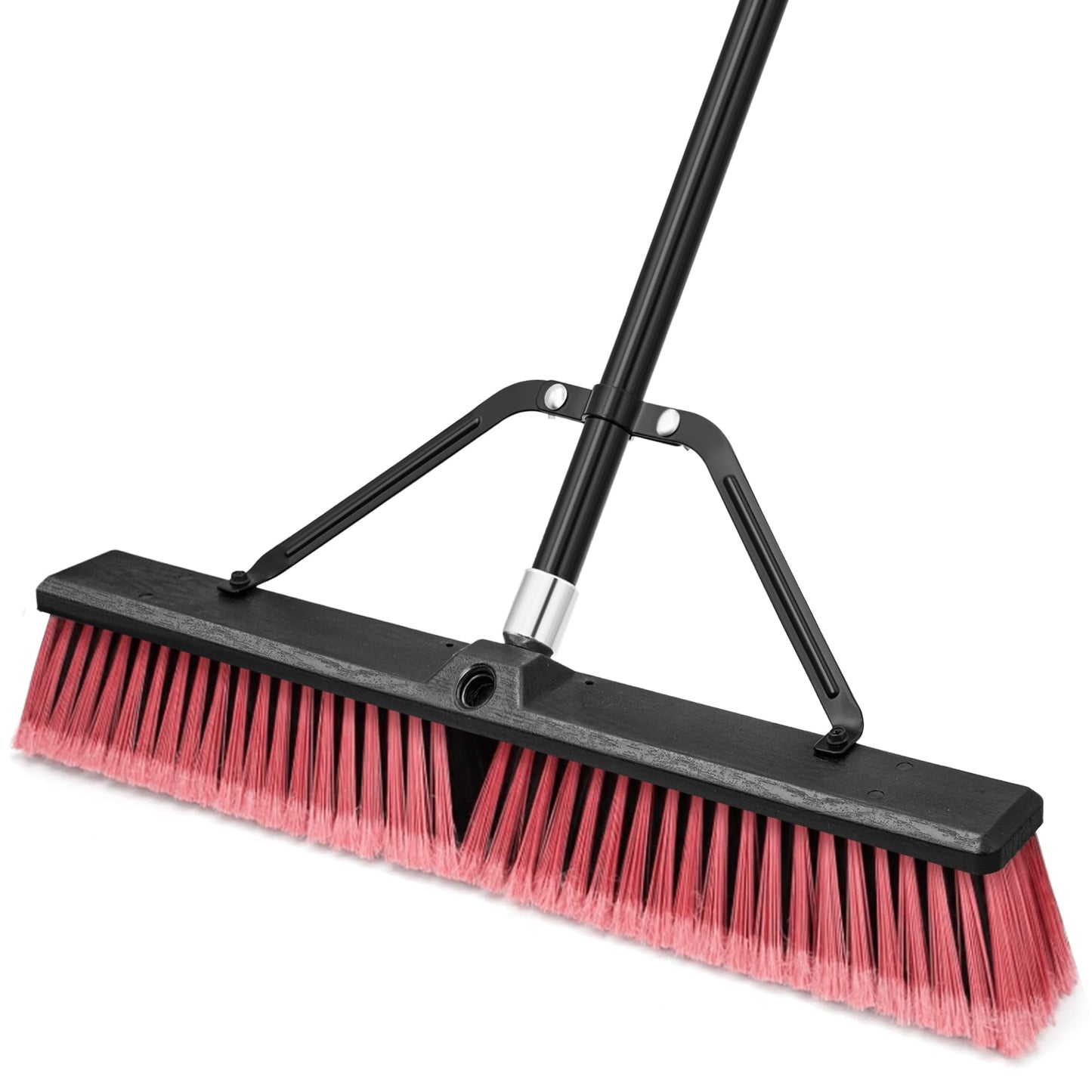 TidyBliss 24” Push Broom Outdoor Heavy Duty, Large Commercial Stiff Bristle Brush with 63 inches Long Handle for Garage Shop Garden Yard Patio Deck Street Warehouse Lawn Driveway (Red)