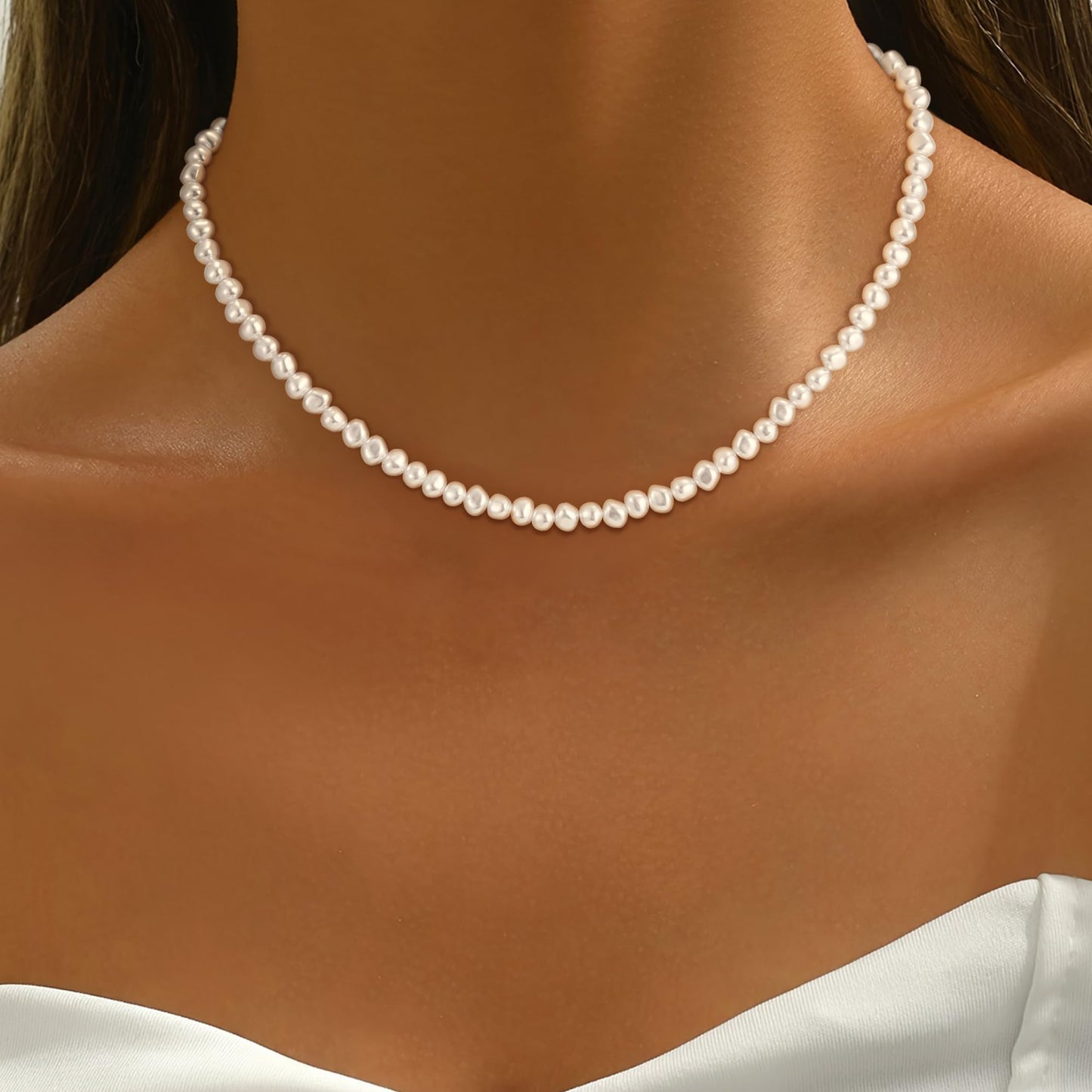Fezodo Pearl Necklaces for Women, Dainty White Pearl Choker Necklace Tiny Small Pearls Necklace Bridesmaid Necklaces for Wedding Prom Pearls Jewelry Gifts