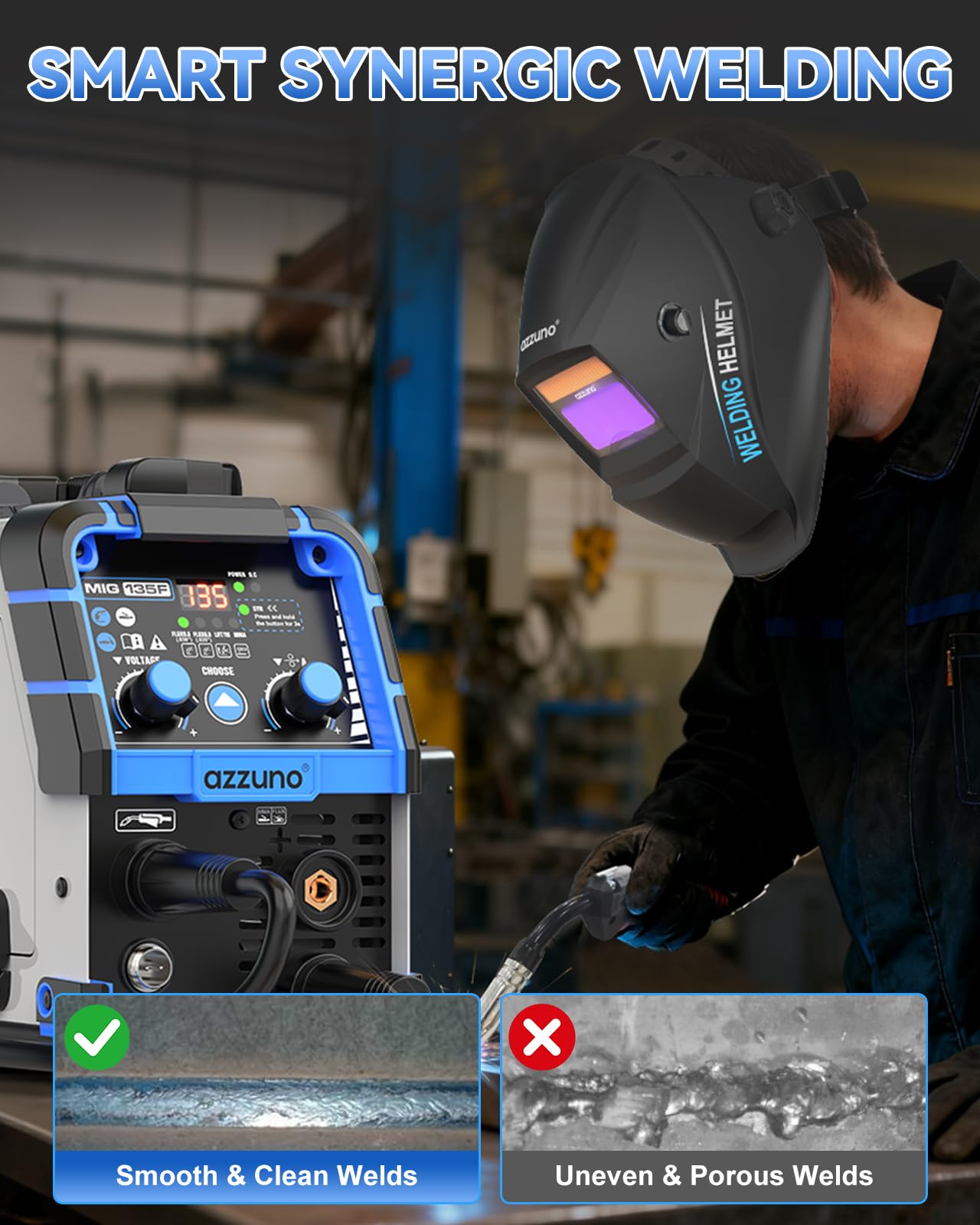 AZZUNO MIG Welder 135A 110V, 3 in 1 Flux Core Gasless MIG Welder/Lift TIG/Stick Welding Machine, Portable Wire Feed Welder Machine with Auto Darkening Welding Helmet
