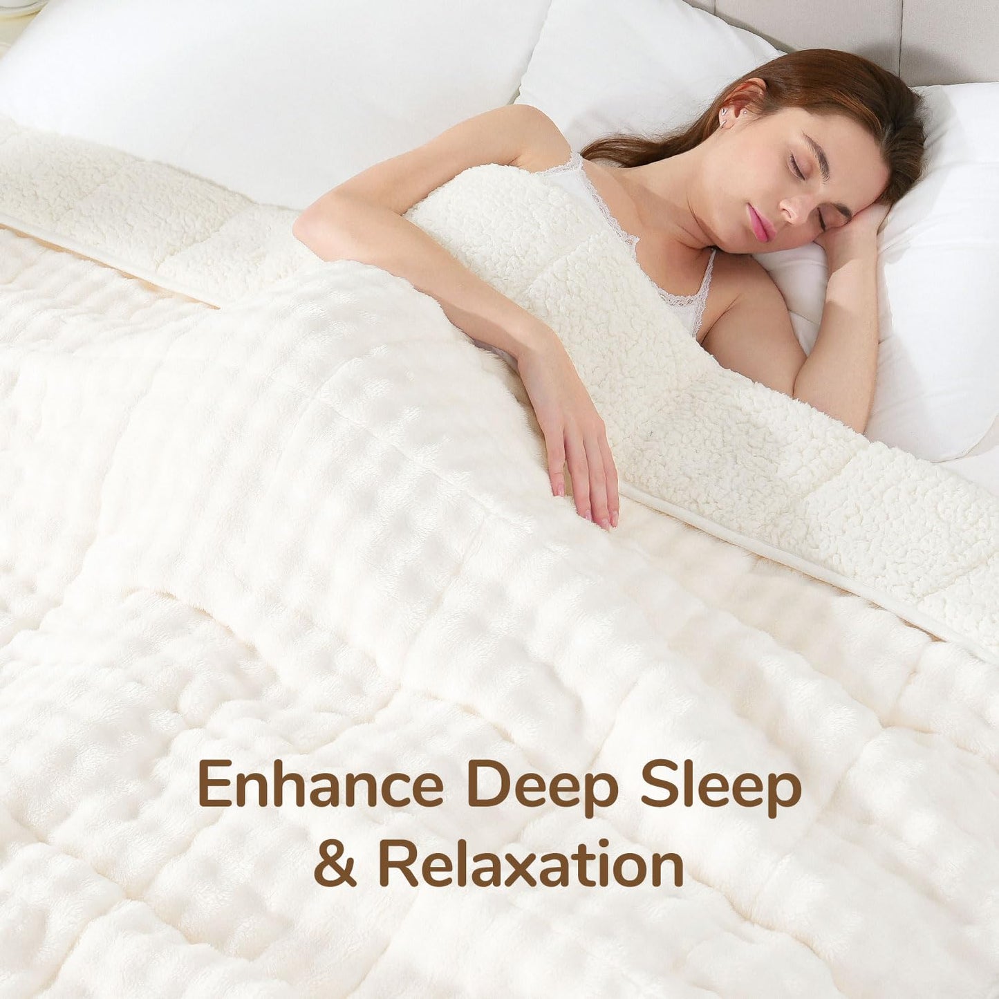 Cottonblue Weighted Blanket 15lbs for Adults, Fluffy Bubble Sherpa Fleece Weighted Blankets for Queen Size Bed, Cute Fuzzy Warm Heavy Blanket for Calming & Sleeping, 60"x80", Cream White