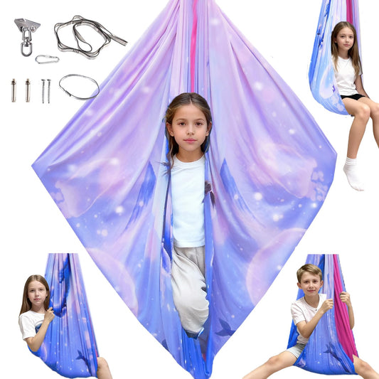 Sensory Swing for Kids & Adults with 360° Swivel Hanger Kit, Double Layer Elastic Therapy Swing Holds up to 300lbs for Autism, ADHD,Aspergers, and SPD (Blue PinkDolphin)