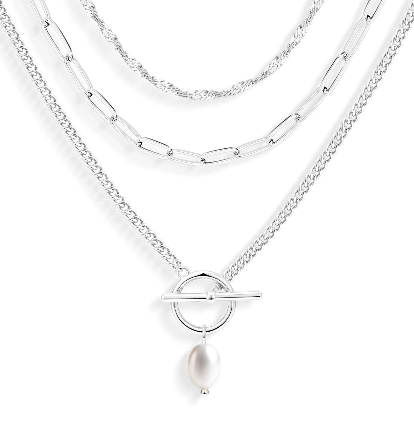 Layered Pearl Toggle Necklaces for Women Dainty Silver Plated Stack Trendy Choker Simple Paperclip Chain Pearl Pendant Toggle Necklace Jewelry Set Gifts for Women