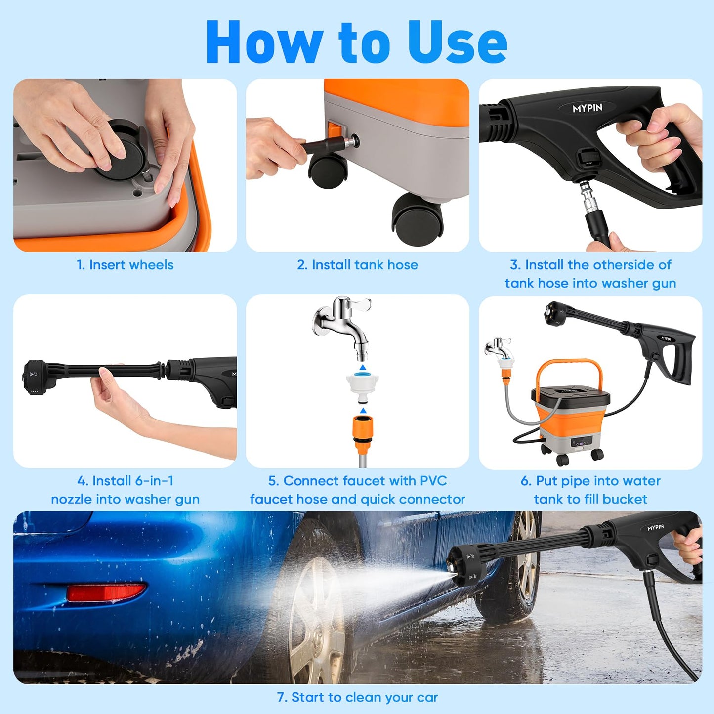 660PSI Portable Cordless Pressure Washer with Folding 3.4Gal Tank, 6-in-1 Nozzle, 7 Adjustable Pressure Levels, 7M Hose, Portable Sprayer with Wheels for Car Floor Wall Fence Cleaning (Orange)