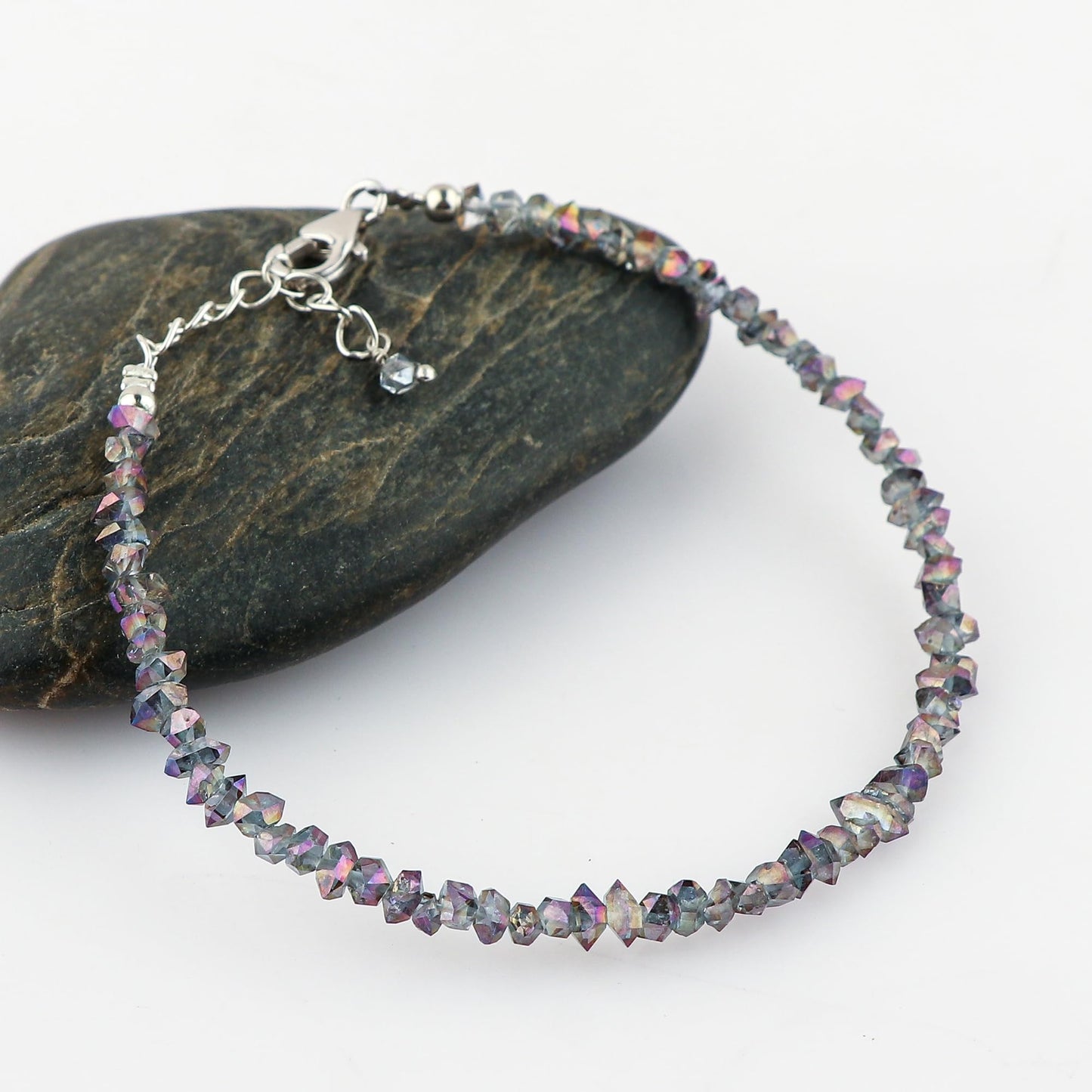 CRYSTALIS Natural Raw Colorful Herkimer Diamond Quartz Nuggets Adjustable Bracelet, High Grade Gemstones, Chakra Healing Stones, Gift Jewelry, 925 Sterling Silver Womens Bracelet 8 inch