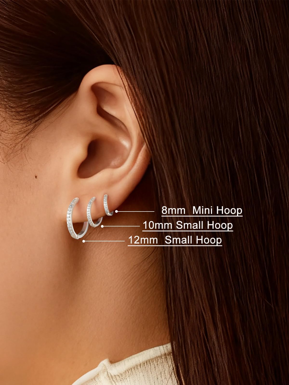 SILVERCUTE 925 Sterling Silver Huggie Hoop Earrings for Women,Hypoallergenic Small Silver Hoop Earring Cubic Zirconia Cartilage Earring Lightweight Huggies Earrings for Women,8/10/12mm