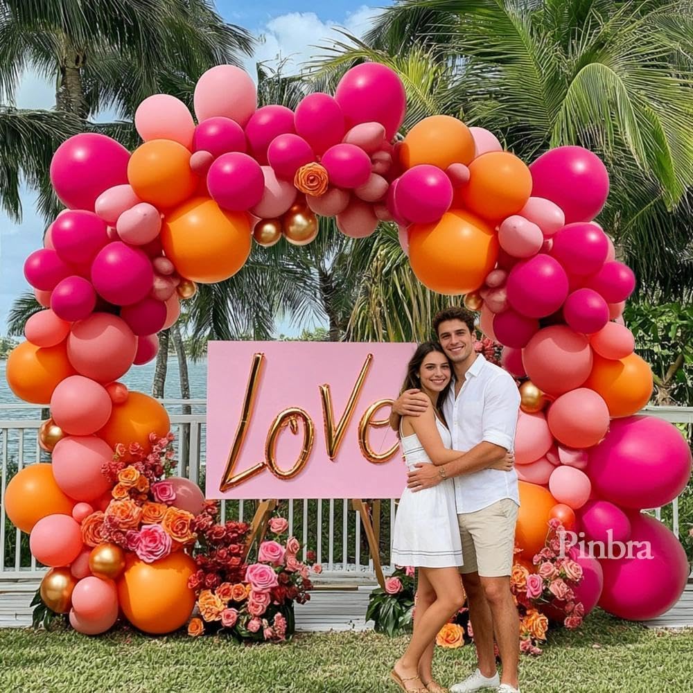 Pink Orange Balloon Garland Double Stuffed Hot Pink Orange Gold Metallic Pastel Balloon Arch Kit for Birthday Baby Bridal Shower Wedding Summer Tropical Graduation Party Decorations