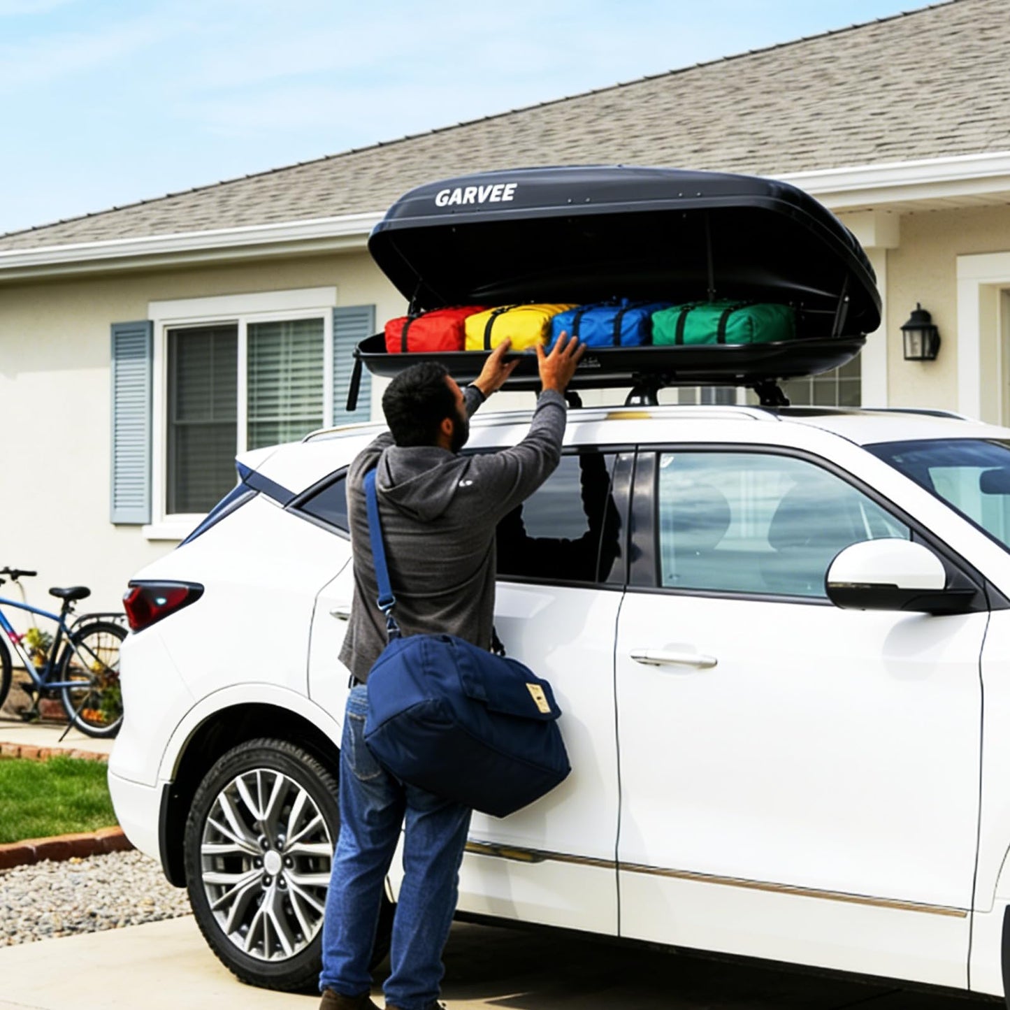 62 Inch Rooftop Cargo Box Carrier, 14 Cubic Ft. Hard Shell Roof Rack Cargo Carrier with Security Keys, 165 Lbs Capacity Waterproof Rooftop Storage Box, Dual Side Opening